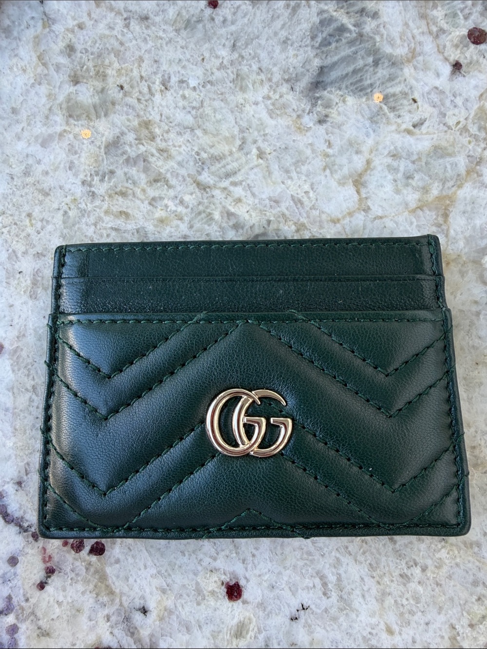 Gucci Green Quilted GG Leather Card Holder with Gold Hardware